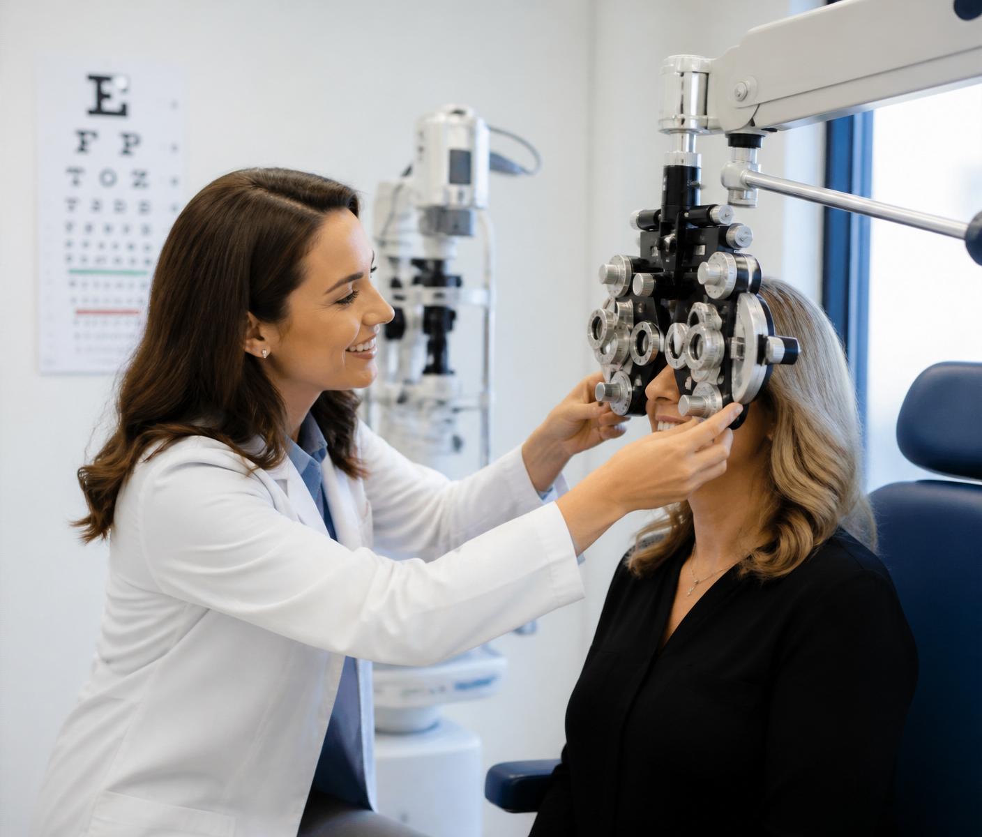 Optometrista realizando un examen visual gratis a una paciente en OptiGlass